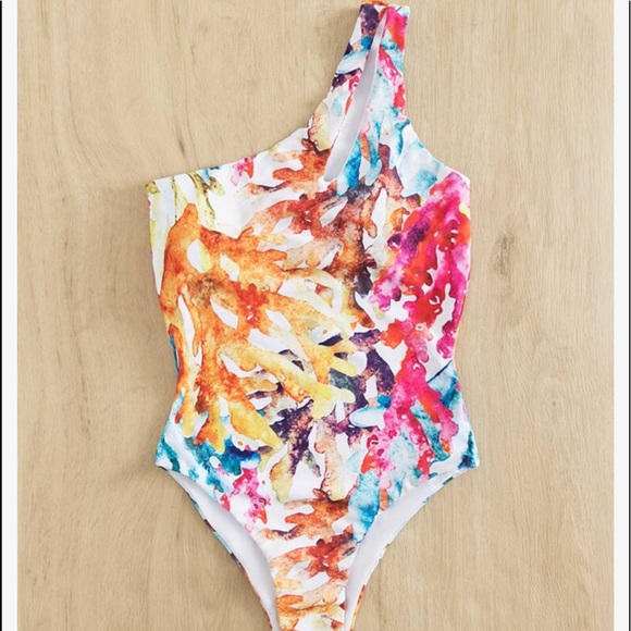Boho Watercolor Floral Print One Shoulder Monokini One Piece Swimsuit - Picture 3 of 5